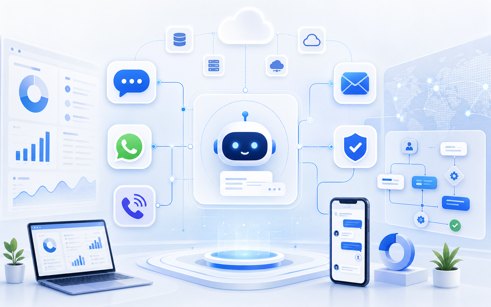 AI communication automation dashboard with SMS, voice, messaging, and workflow integrations